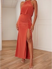 Chi Chi London Orange Halter Style Ruched Maxi Dress - Image 3 of 5