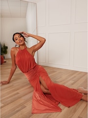 Chi Chi London Orange Halter Style Ruched Maxi Dress - Image 4 of 5