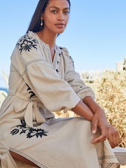 Ecru Cream Linen Rich Embroidered Midi Summer Dress - Image 4 of 6