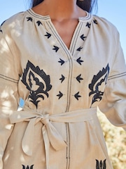 Ecru Cream Linen Rich Embroidered Midi Summer Dress - Image 5 of 6