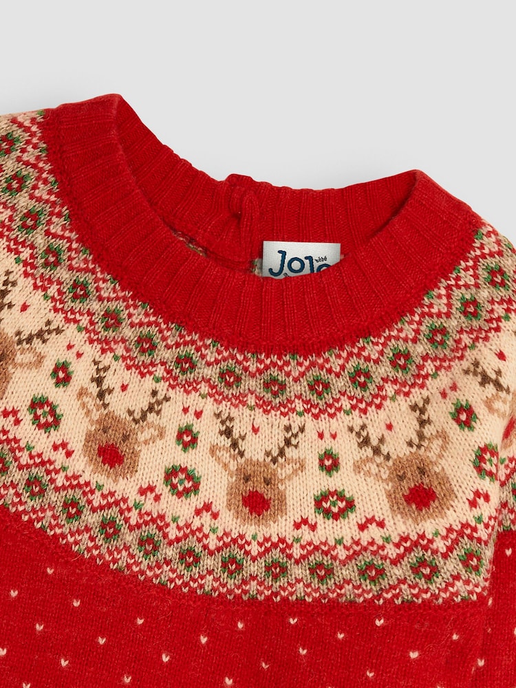 JoJo Maman Bébé Red Knitted Christmas Reindeer Fairisle Pattern Jumper - Image 2 of 4