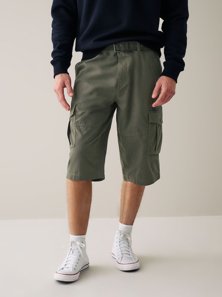 Khaki Green Long Length Belted Cargo Shorts - Image 1 of 9 Khaki Green Long Length Belted Cargo Shorts - Image 1 of 9