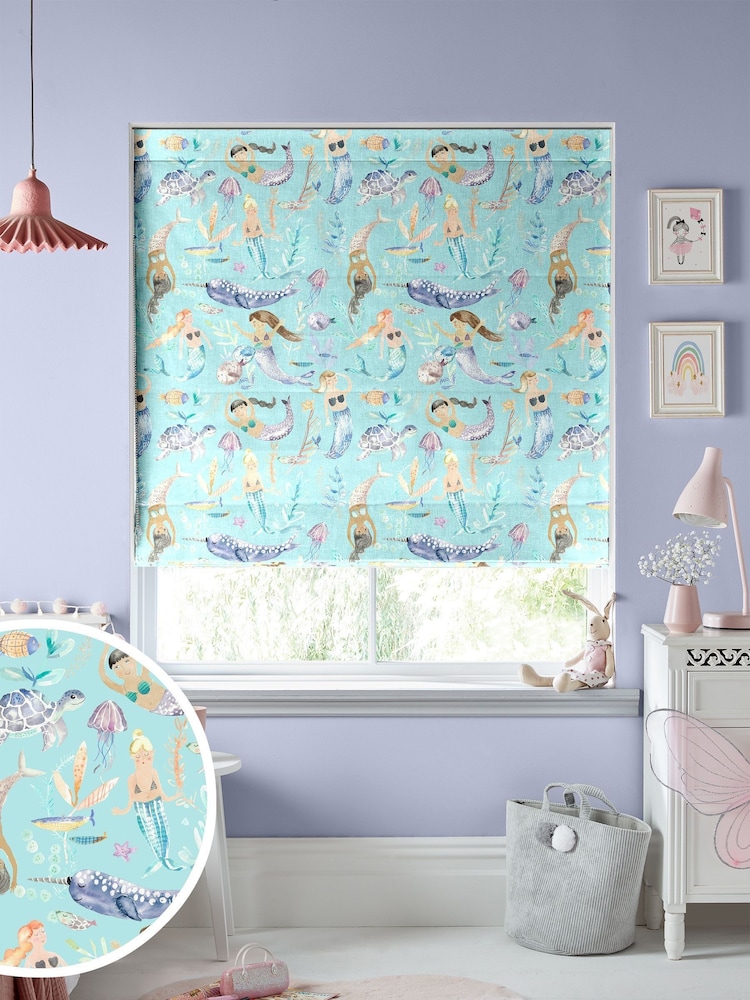 Voyage Aqua Blue Kids Mermaids Party Made To Measure Roman Blind - Image 1 of 6