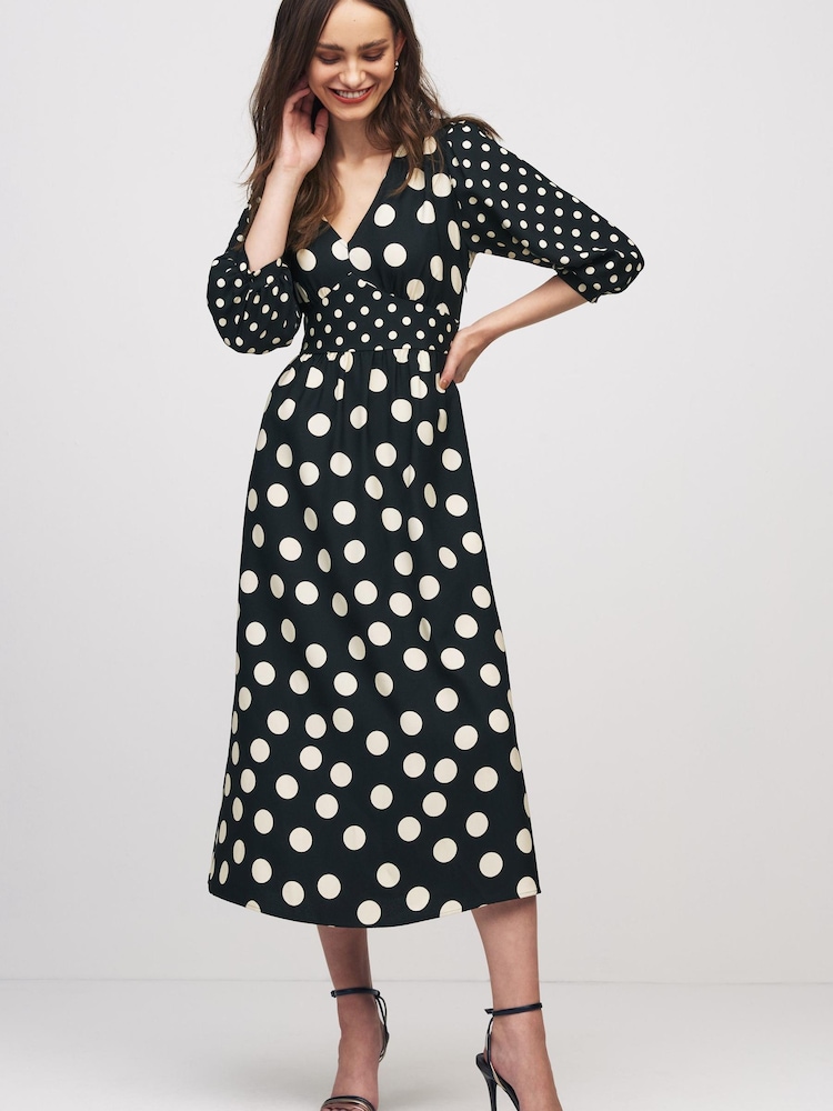 Black/White Polka Dot Volume Sleeve Midi Dress - Image 1 of 5 Black/White Polka Dot Volume Sleeve Midi Dress - Image 1 of 5