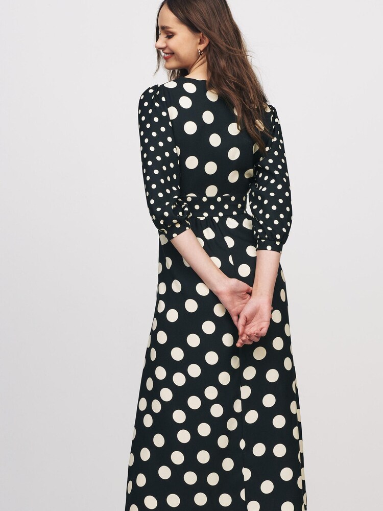 Black/White Polka Dot Volume Sleeve Midi Dress - Image 2 of 5 Black/White Polka Dot Volume Sleeve Midi Dress - Image 2 of 5
