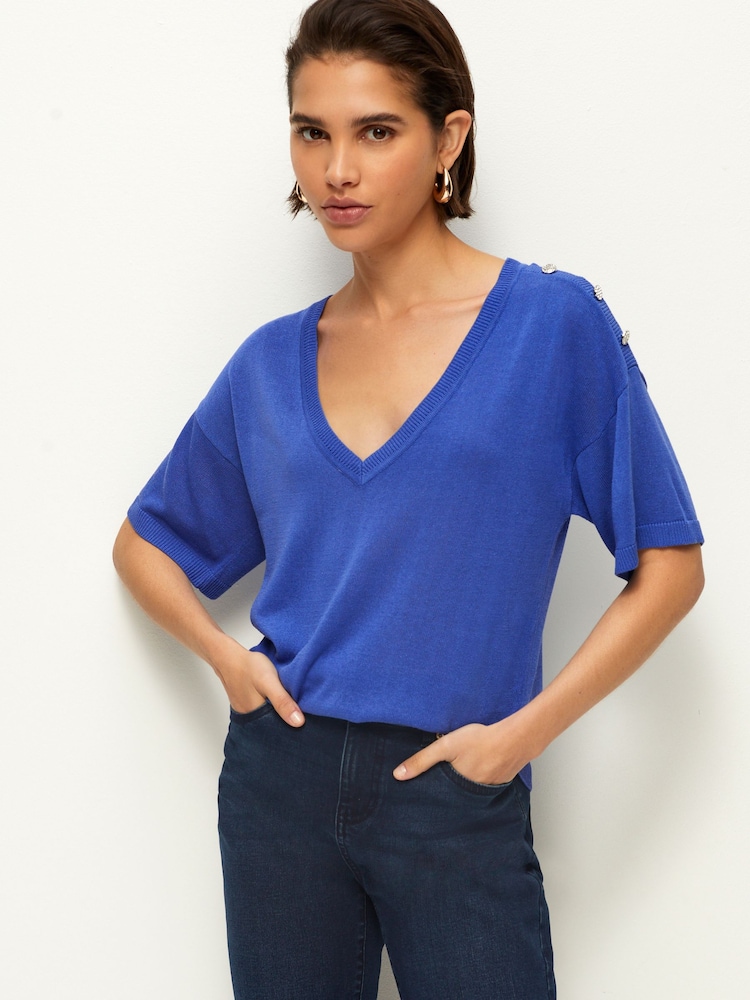 Bright Blue V-Neck Gem Button Linen T-Shirt - Image 1 of 1