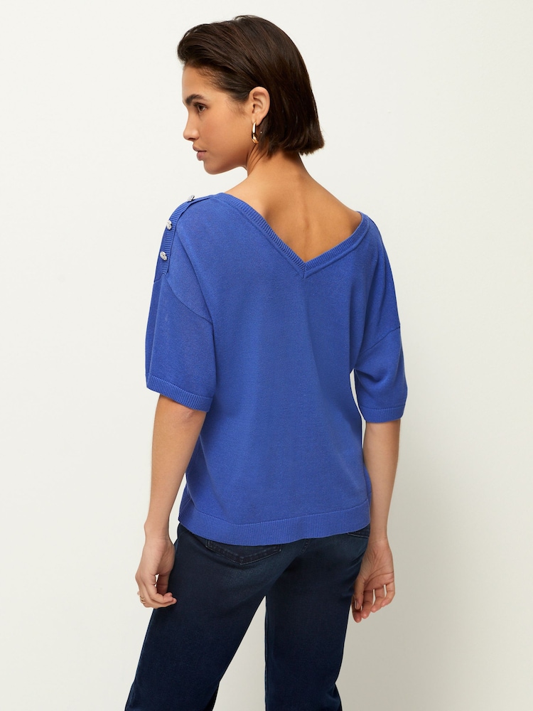 Bright Blue V-Neck Gem Button Linen T-Shirt - Image 2 of 7 Bright Blue V-Neck Gem Button Linen T-Shirt - Image 2 of 7
