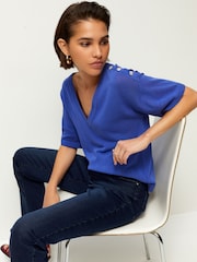 Bright Blue V-Neck Gem Button Linen T-Shirt - Image 3 of 7