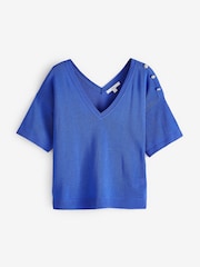 Bright Blue V-Neck Gem Button Linen T-Shirt - Image 5 of 7