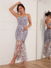 Chi Chi London Purple Petite Peplum Embroidered Lace Bodycon Dress - Image 1 of 4