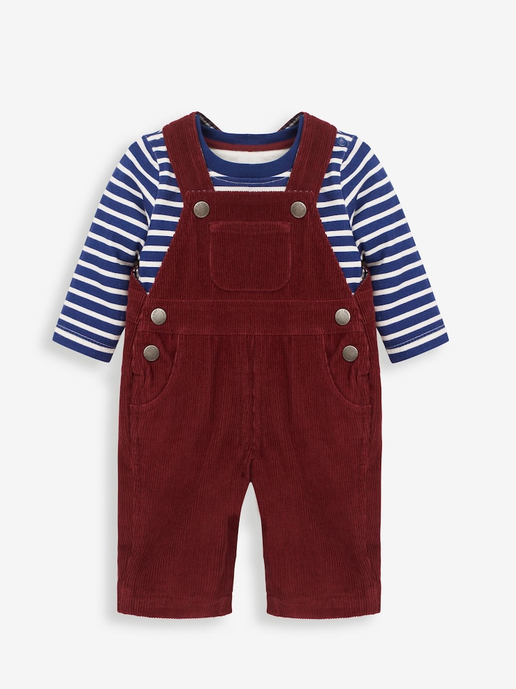 JoJo Maman Bébé Burgundy Red 2-Piece Classic Cord Dungarees & Stripe Top Set - Image 1 of 3