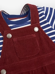 JoJo Maman Bébé Burgundy Red 2-Piece Classic Cord Dungarees & Stripe Top Set - Image 2 of 3