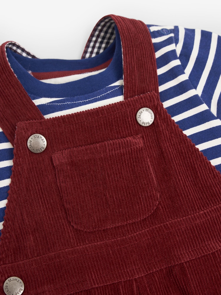 JoJo Maman Bébé Burgundy Red 2-Piece Classic Cord Dungarees & Stripe Top Set - Image 2 of 3