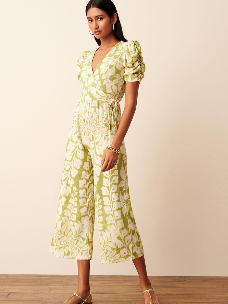 Lime Green Leaf Print V-Neck Short Sleeve Jumpsuit - Image 1 of 3 Lime Green Leaf Print V-Neck Short Sleeve Jumpsuit - Image 1 of 3