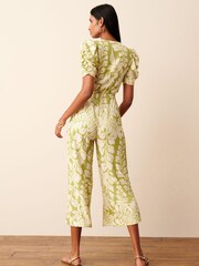 Lime Green Leaf Print V-Neck Short Sleeve Jumpsuit - Image 2 of 3
