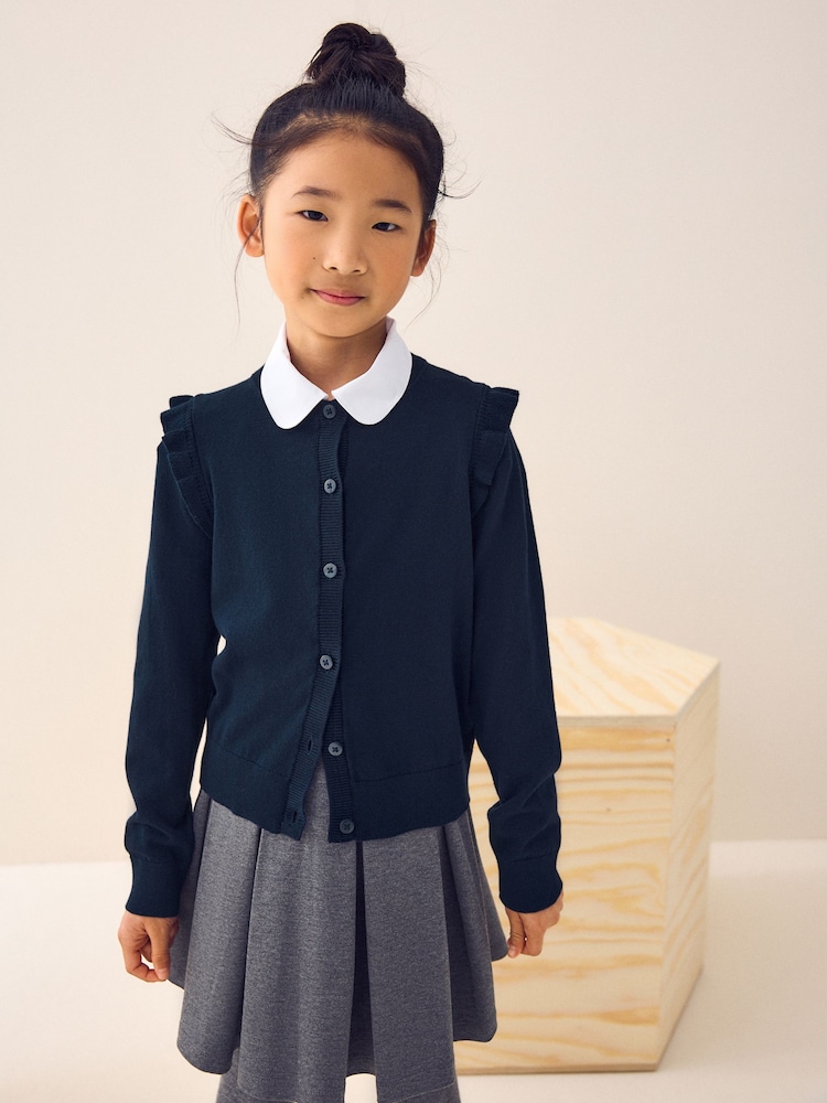 Navy Blue Cotton Rich Frill Shoulder School Cardigan (3-16yrs) - Image 1 of 6