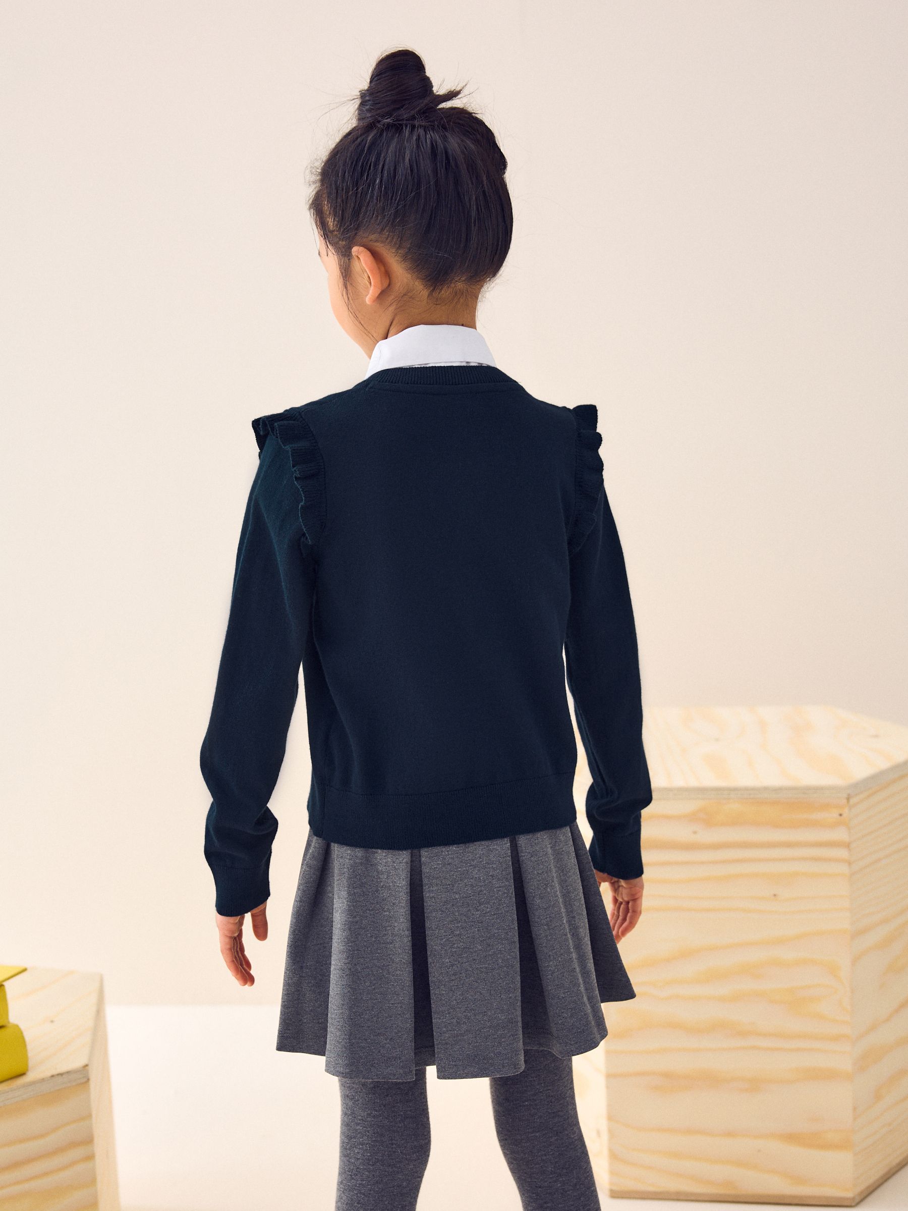 Buy Navy Blue Cotton Rich Frill Shoulder School Cardigan (3-16yrs