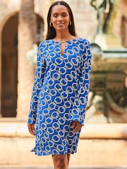 Sosandar Blue Chain Print Gold Bar Tab Fluted Cuff Tunic - Image 1 of 6