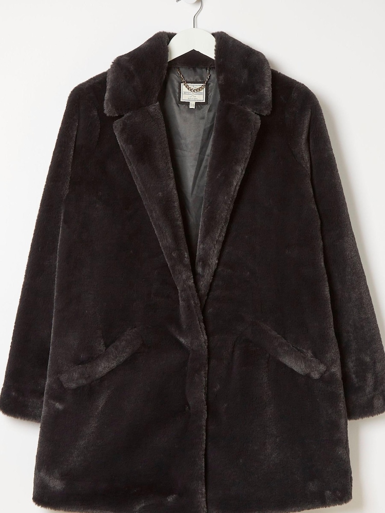 FatFace Felicity Black Faux Fur Coat - Image 4 of 4