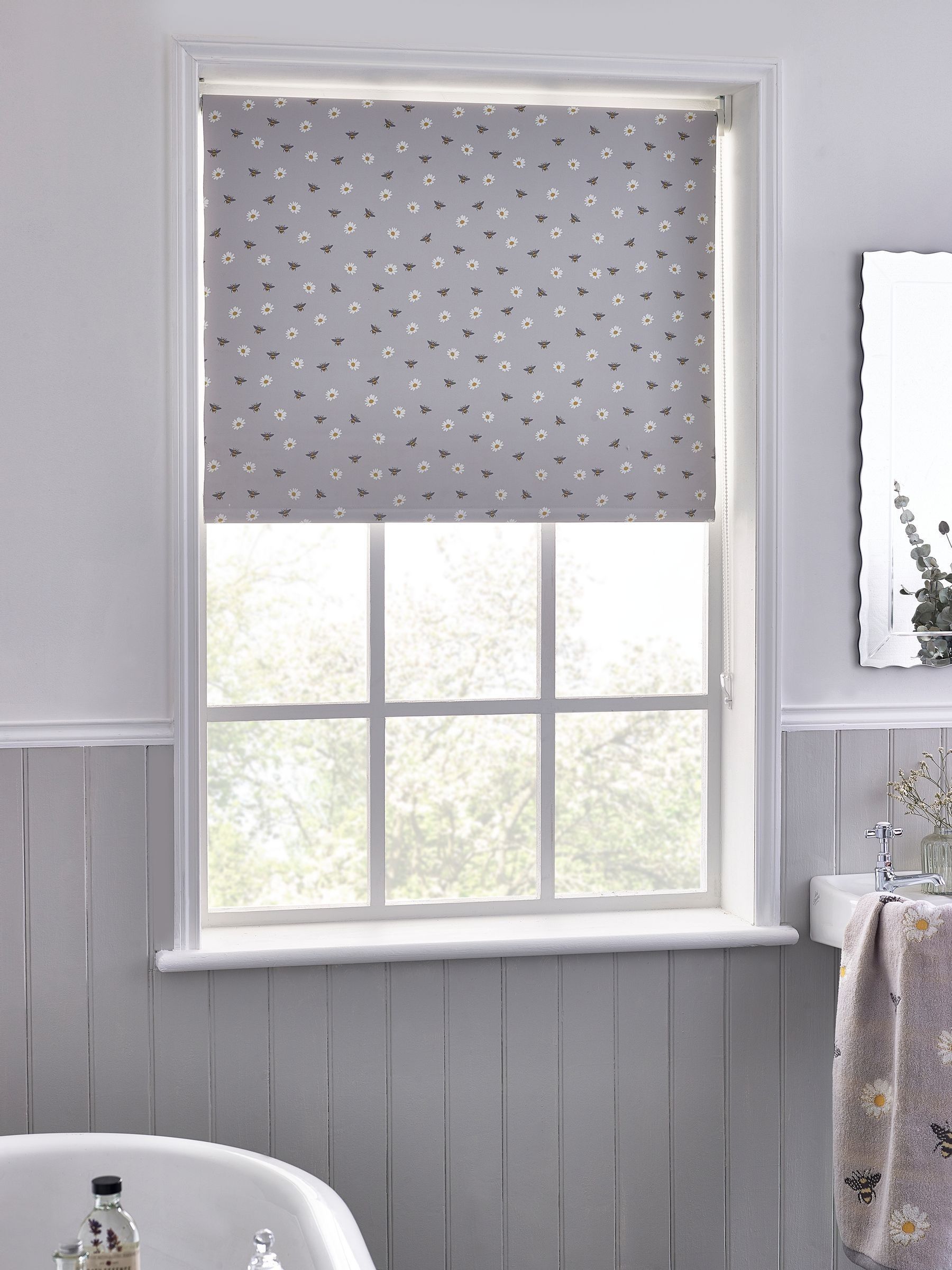 Buy Grey Ready Made Blackout Bathroom Roller Blind Bee Print from the ...