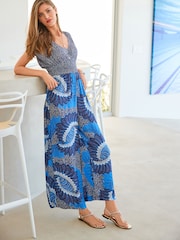 Blue Sleeveless Shirred Waisted Wide Leg Jumpsuit - Image 1 of 5