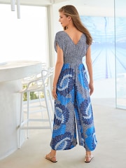 Blue Sleeveless Shirred Waisted Wide Leg Jumpsuit - Image 3 of 5