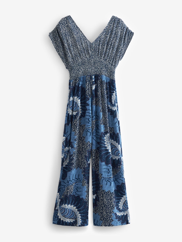 Blue Sleeveless Shirred Waisted Wide Leg Jumpsuit - Image 5 of 5