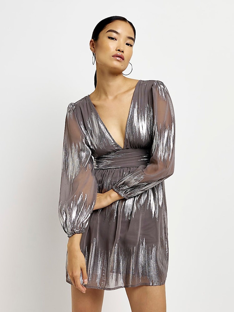 River Island Silver Tie Back Swing Mini 100% Cotton Dress - Image 1 of 5