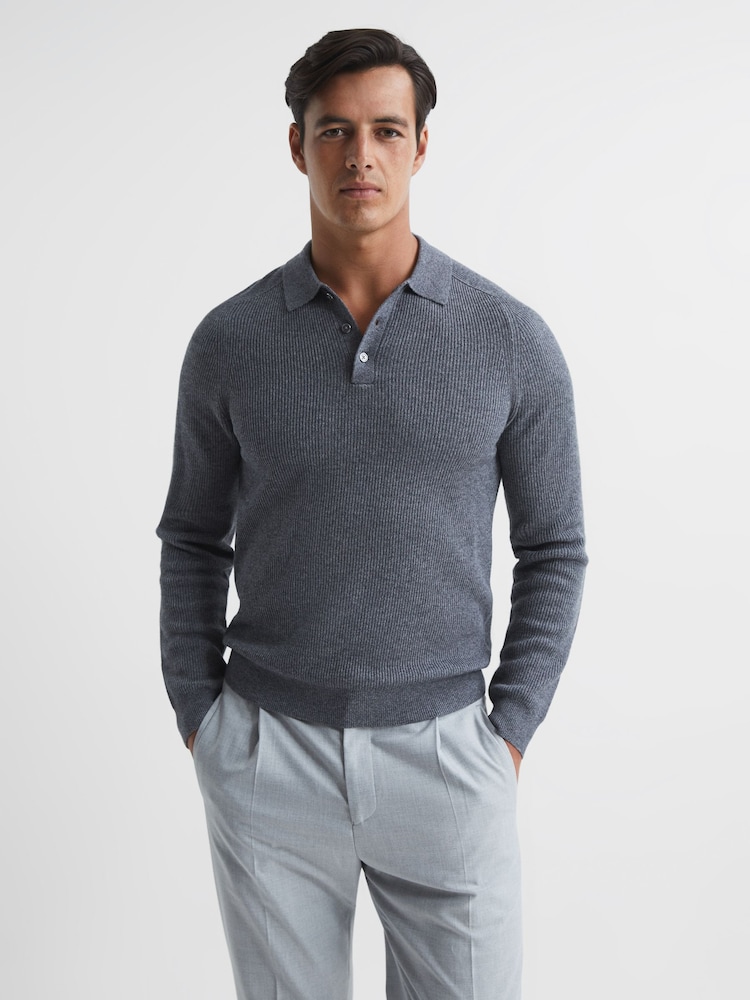 Reiss Mid Grey Melange Holmes Buttoned Ribbed Polo Top - Image 1 of 5