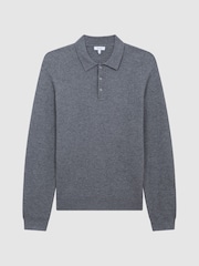Reiss Mid Grey Melange Holmes Buttoned Ribbed Polo Top - Image 2 of 5
