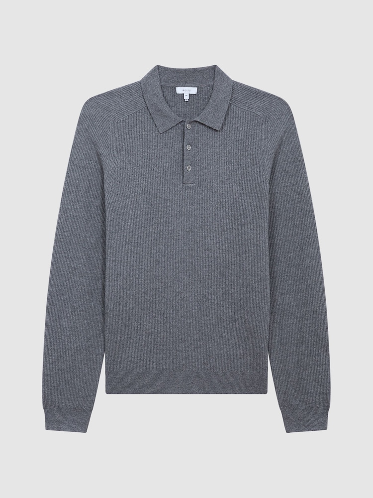 Reiss Mid Grey Melange Holmes Buttoned Ribbed Polo Top - Image 2 of 5