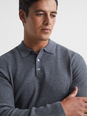 Reiss Mid Grey Melange Holmes Buttoned Ribbed Polo Top - Image 4 of 5