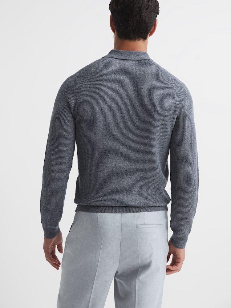 Reiss Mid Grey Melange Holmes Buttoned Ribbed Polo Top - Image 5 of 5