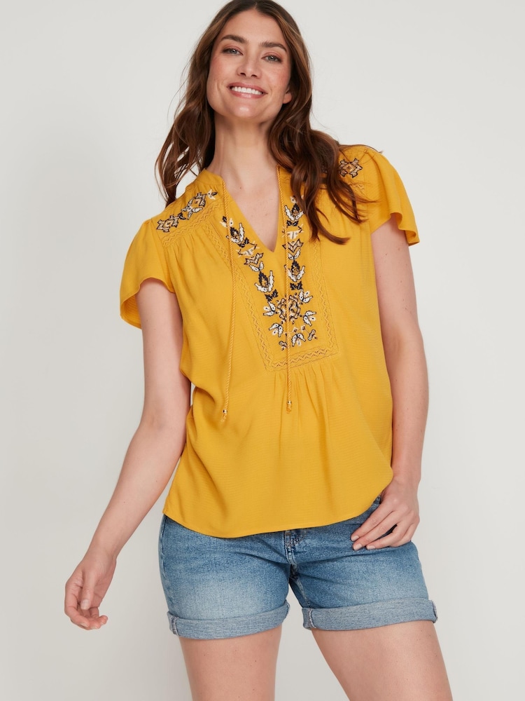 M&Co Yellow Embroidered Short Sleeve Mustard Top - Image 1 of 5