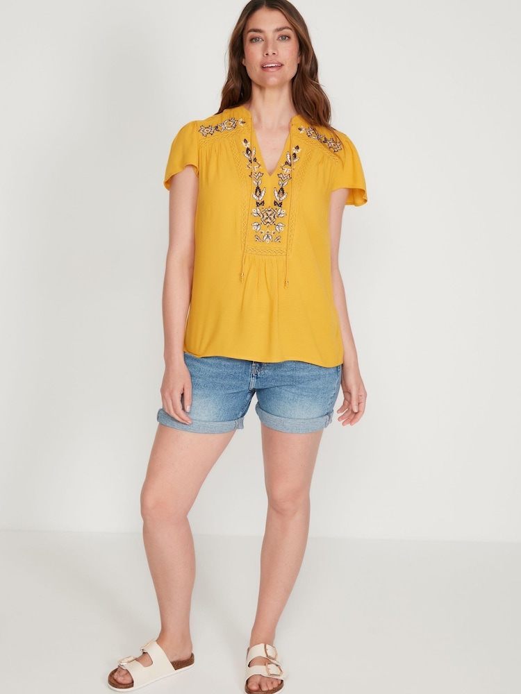 M&Co Yellow Embroidered Short Sleeve Mustard Top - Image 2 of 5