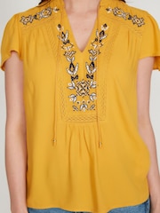 M&Co Yellow Embroidered Short Sleeve Mustard Top - Image 3 of 5