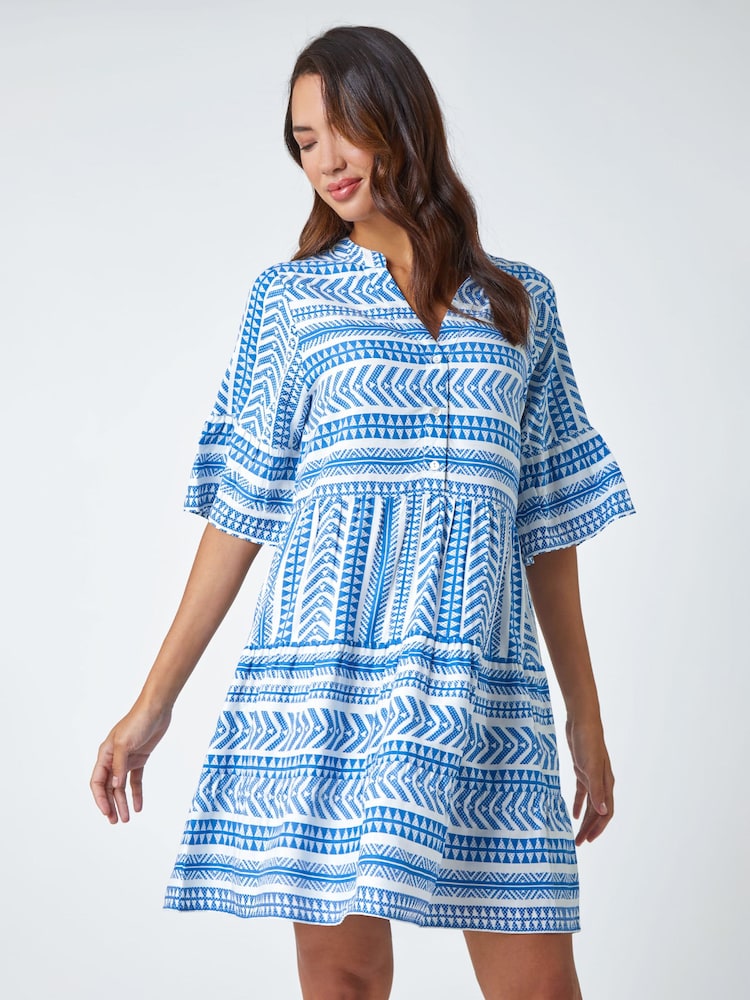 Roman Blue Aztec Style Print Smock Dress - Image 1 of 5 Roman Blue Aztec Style Print Smock Dress - Image 1 of 5