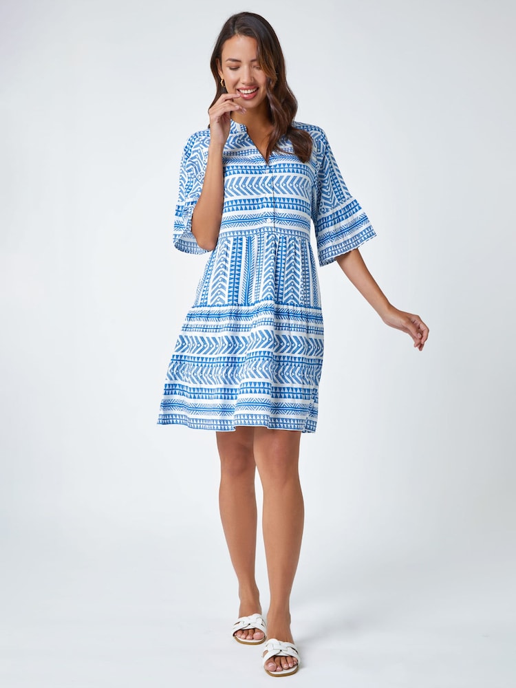Roman Blue Aztec Style Print Smock Dress - Image 2 of 5 Roman Blue Aztec Style Print Smock Dress - Image 2 of 5