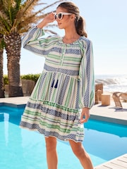 Blau/Grün - Kurzes Kaftan-Sommerkleid aus Jacquard - Bild 1 von 4