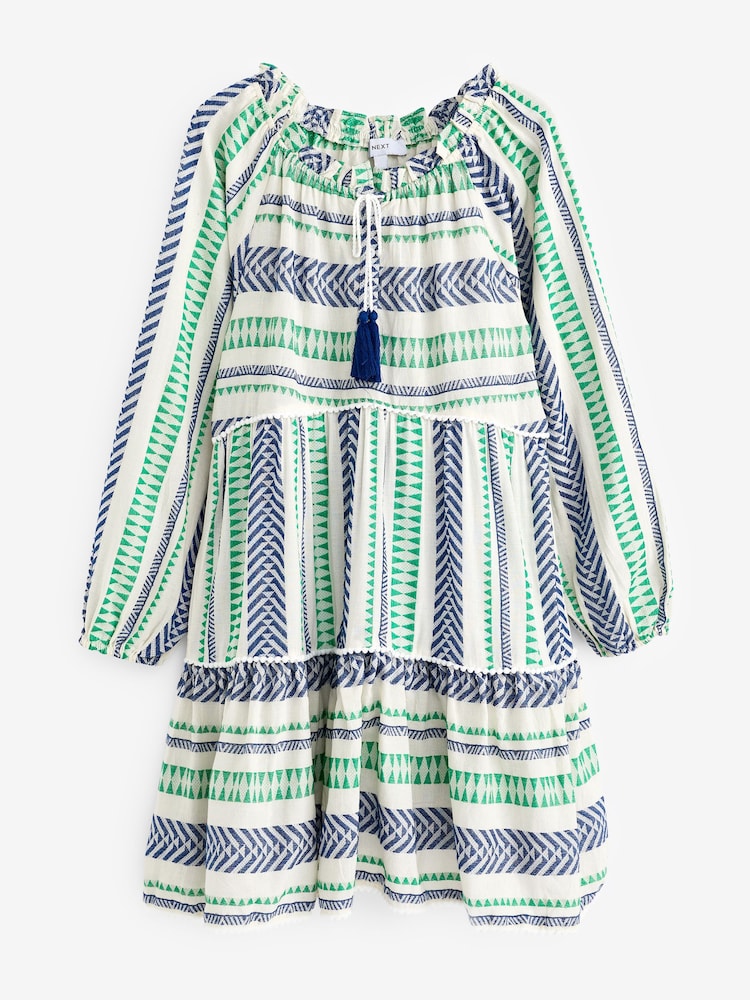 Blau/Grün - Kurzes Kaftan-Sommerkleid aus Jacquard - Bild 4 von 4