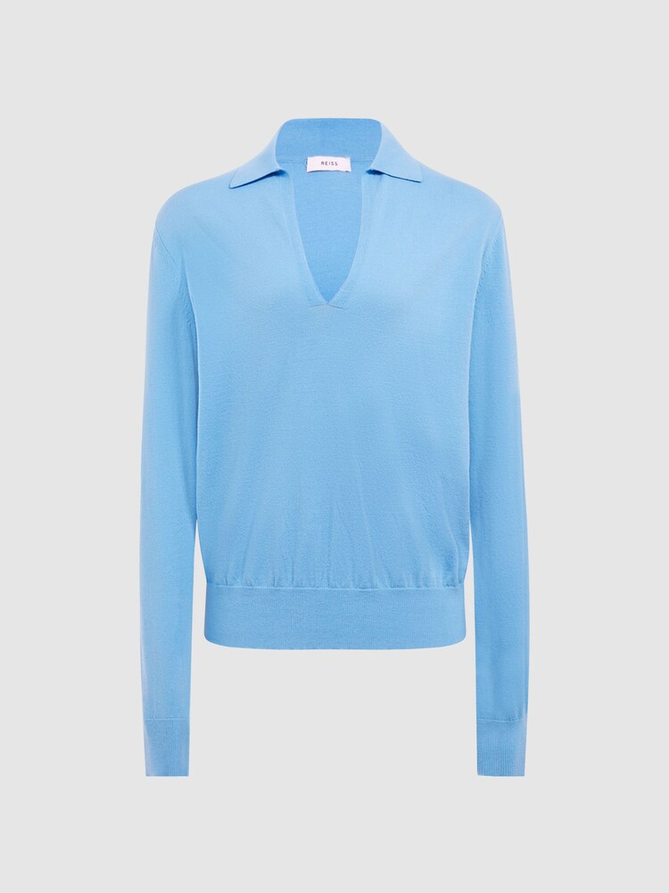 Reiss Blue Nellie Knitted Collared V-Neck Top - Image 2 of 6