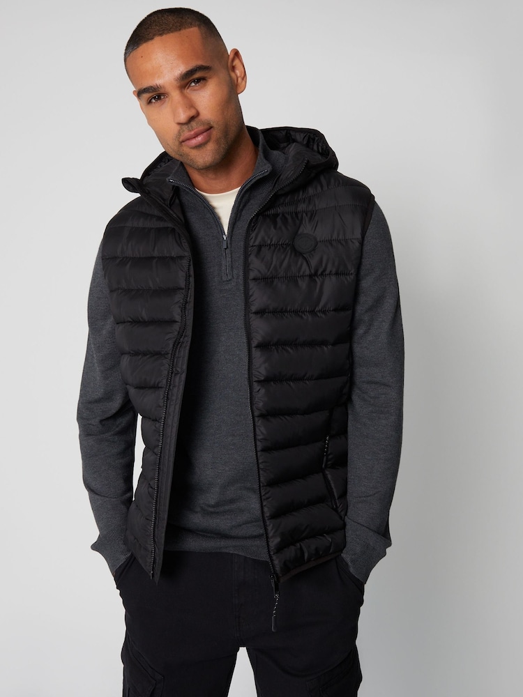 Threadbare Black Matte Finish Padded Hooded Gilet - Image 1 of 4