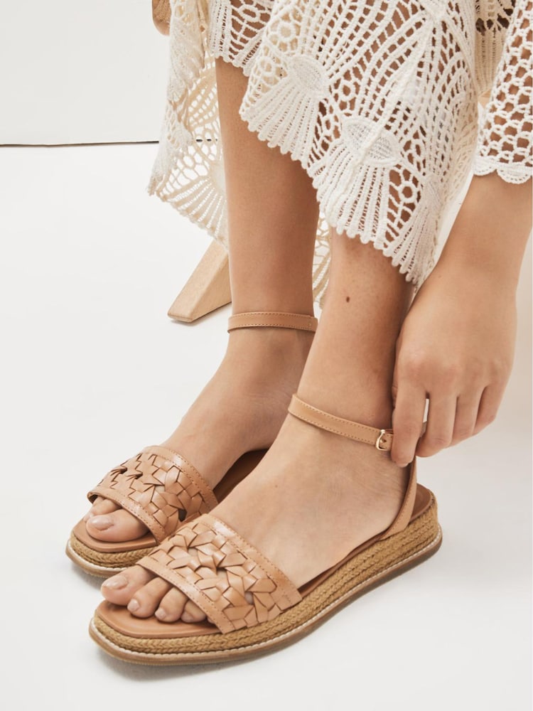 Tan Brown Extra Wide Fit Forever Comfort® Leather Platform Sandals with Woven Detail - Image 1 of 1
