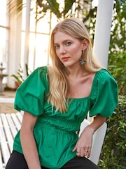 Another Sunday Puff Sleeve Top With Shirred Waist And Button Detail In Purple - Image 3 of 6