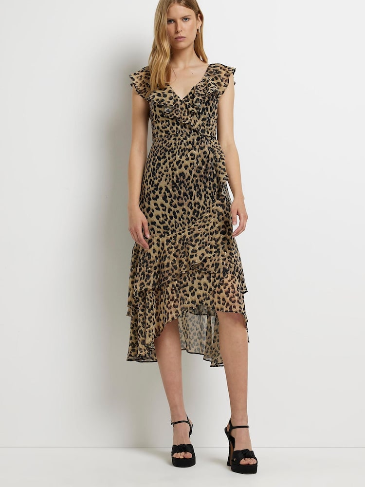 River Island Frill Wrap Brown Midi Dress - Image 1 of 4