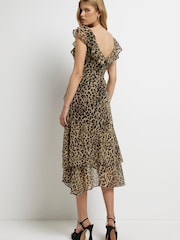River Island Frill Wrap Brown Midi Dress - Image 2 of 4