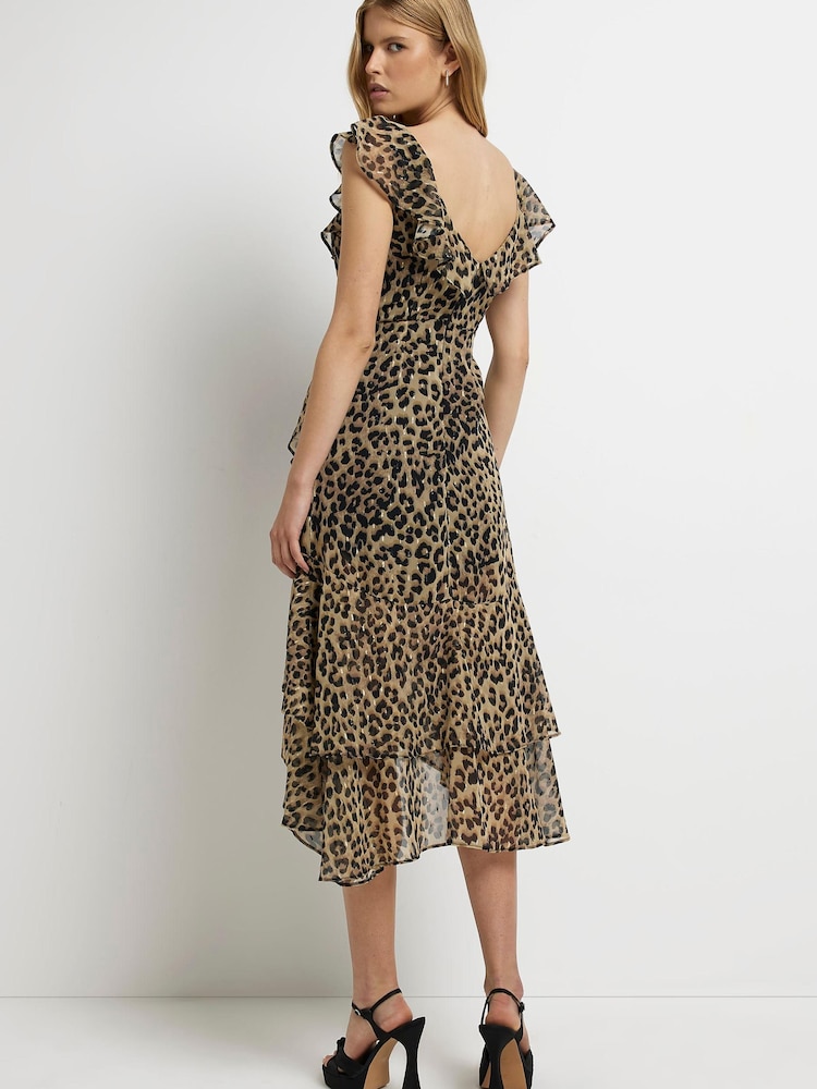 River Island Frill Wrap Brown Midi Dress - Image 2 of 4