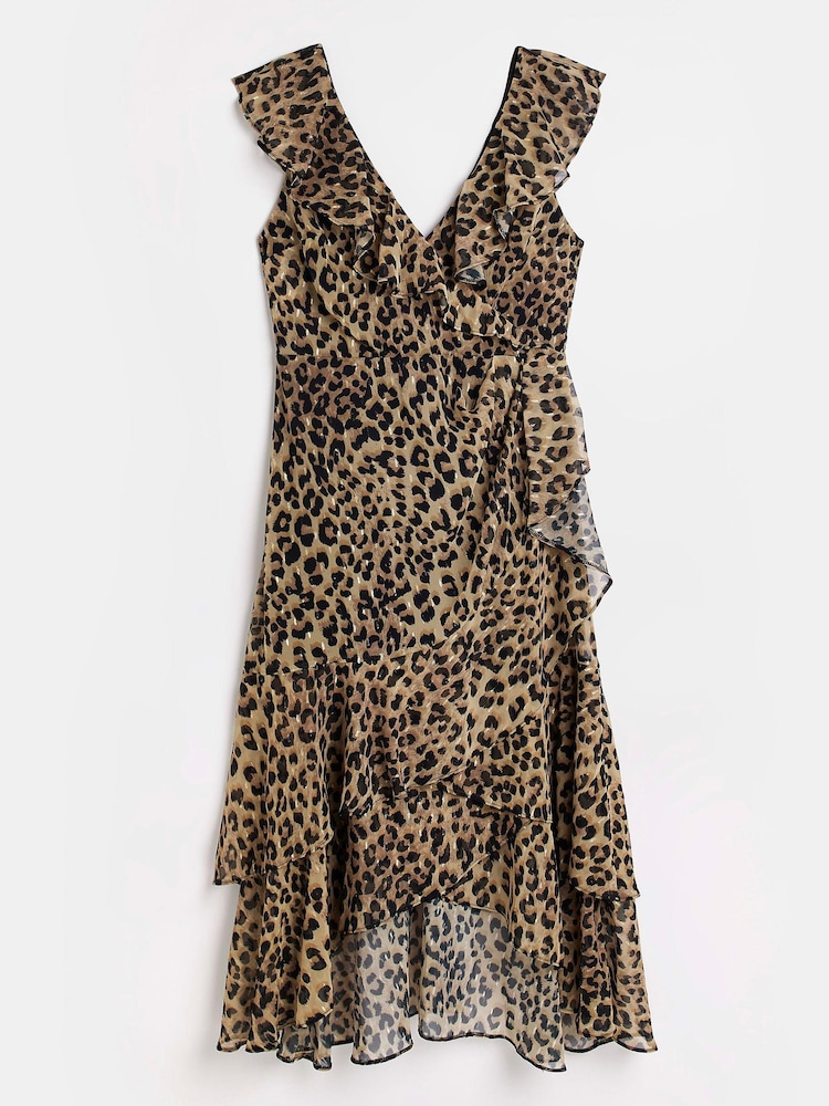 River Island Frill Wrap Brown Midi Dress - Image 4 of 4