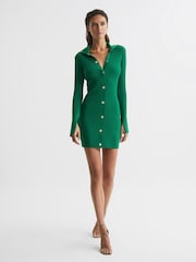 Reiss Green Rhiannon Ribbed Button Collar Mini Dress - Image 1 of 8