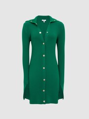 Reiss Green Rhiannon Ribbed Button Collar Mini Dress - Image 2 of 8